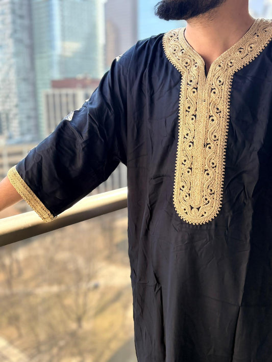 Moroccan Thobe Navy with Gold embroidery
