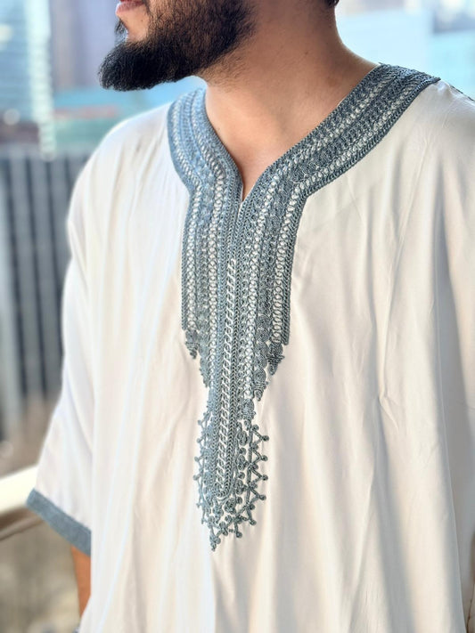 Moroccan Thobe white with grey embroidery