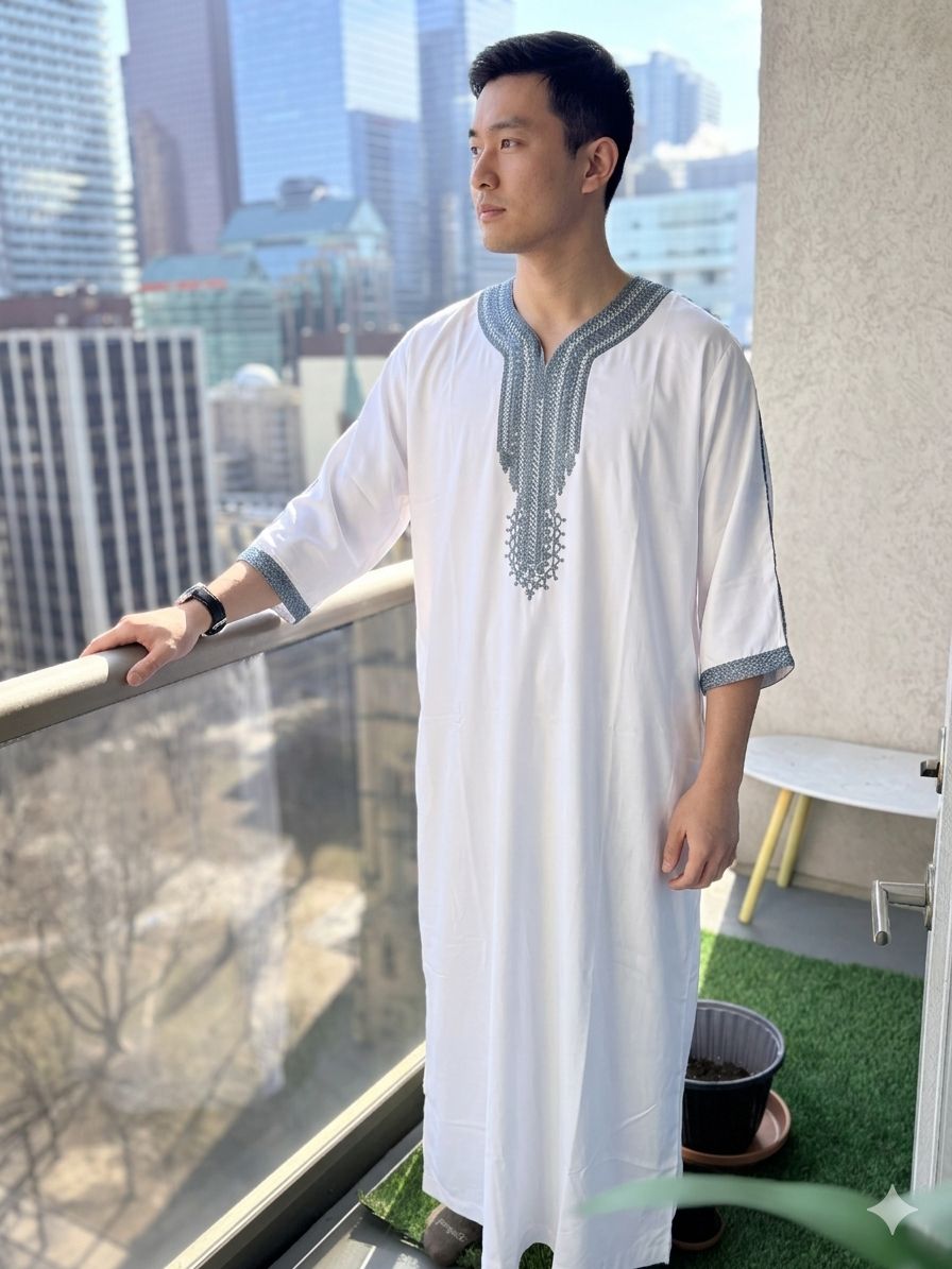 Moroccan Thobe white with grey embroidery