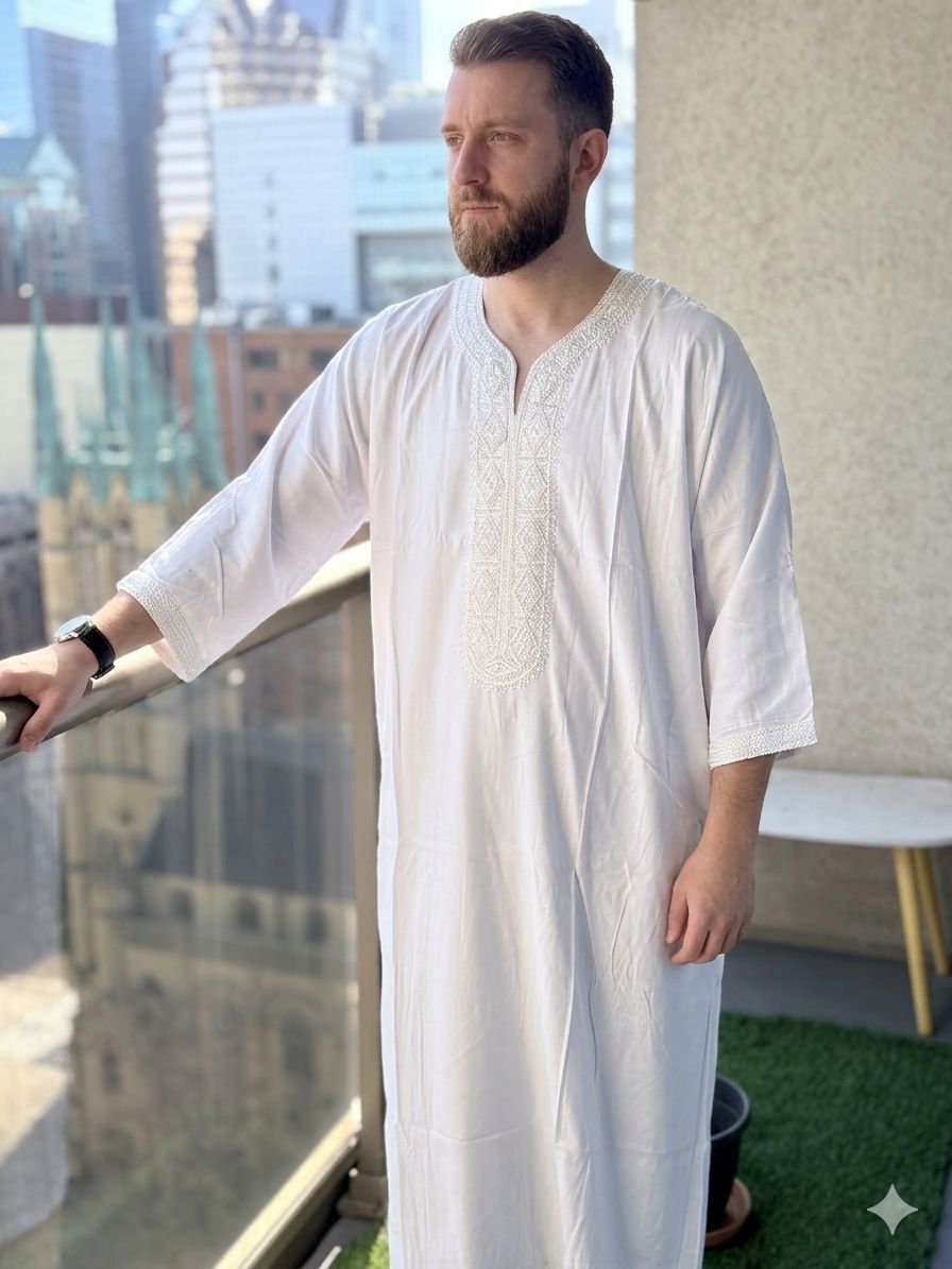 Moroccan Thobe white with white embroidery