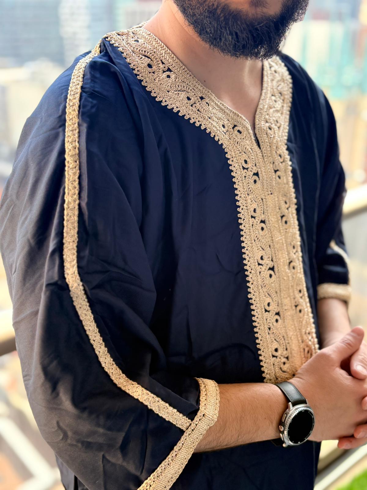 Moroccan Thobe Navy with Gold embroidery