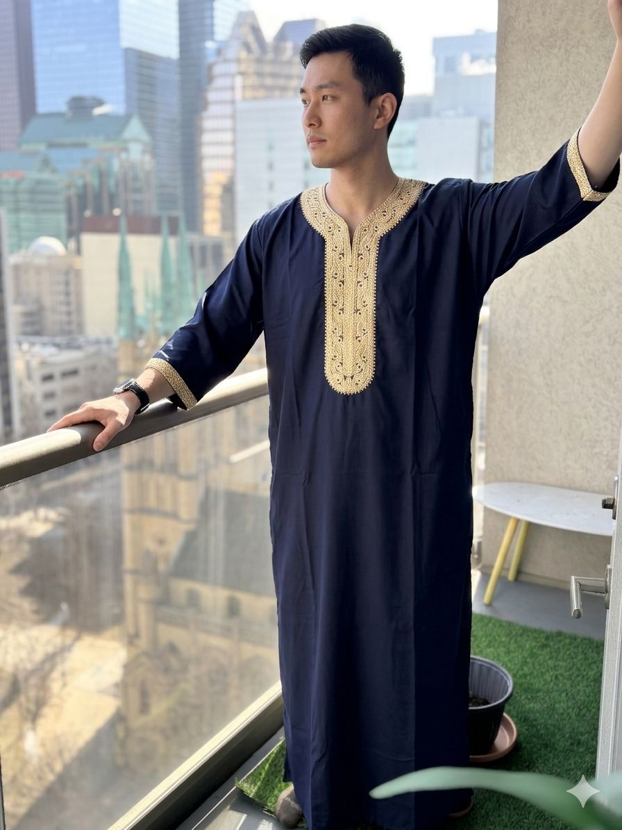 Moroccan Thobe Navy with Gold embroidery